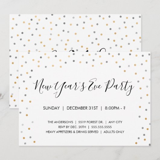Silver + Gold Confetti Uitnodiging nieuwjaarsfeest (Voorkant / Achterkant)