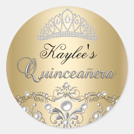 Silver & Gold Damask Pearl Quinceanera Sticker (Voorkant)