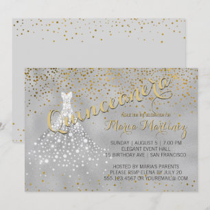 Silver Gold Diamond Dress Quinceanera Uitnodiging