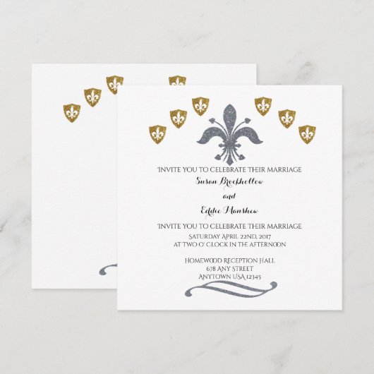 Silver & Gold Fleur de Lis Wedding Invitation Kaart (Voorkant / Achterkant)
