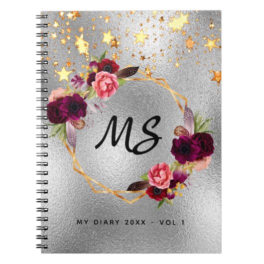 Silver Gold floral burgundy monogram 2022 Notitieboek (Voorkant)