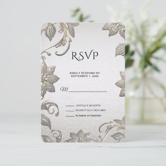 Silver Gold Floral RSVP-kaart RSVP Kaartje (Staand voorkant)