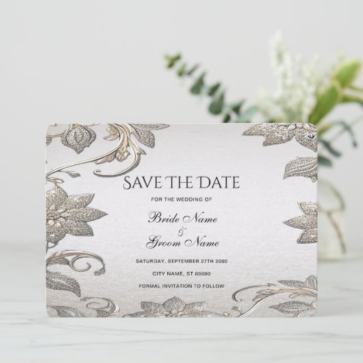 Silver Gold Floral Save the Date Kaart (Staand voorkant)
