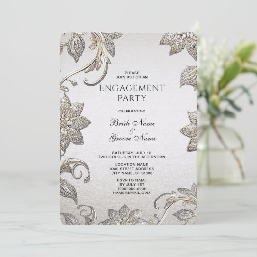 Silver Gold Floral Verloving Invitation Kaart (Staand voorkant)