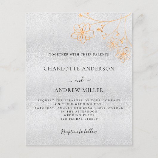Silver Gold Foral budget bruiloft-uitnodiging (Voorkant)