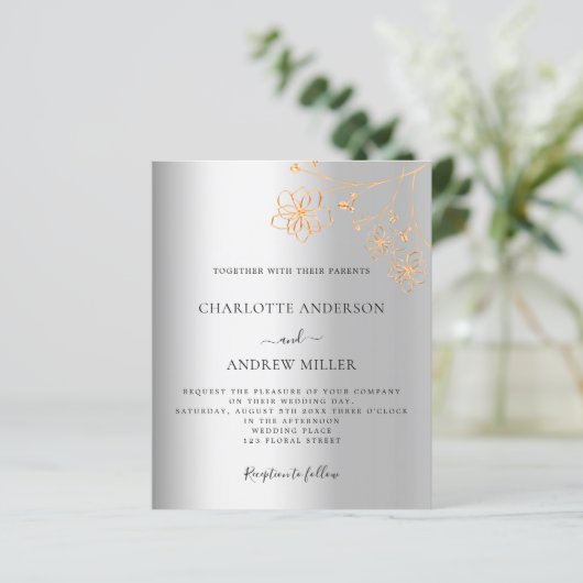 Silver Gold Foral budget bruiloft-uitnodiging (Staand voorkant)