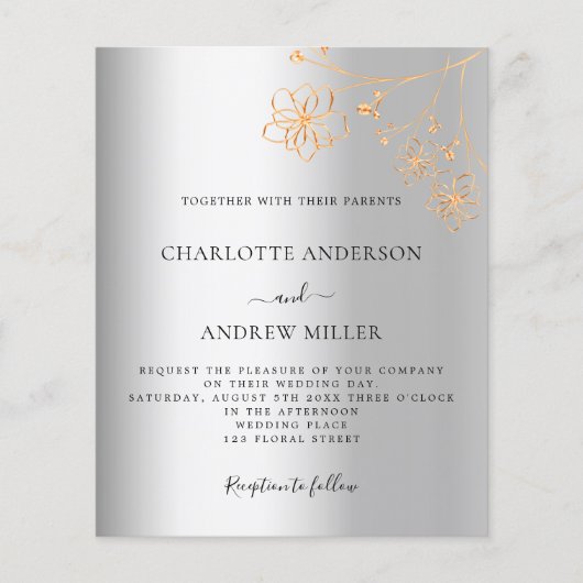 Silver Gold Foral budget bruiloft-uitnodiging (Voorkant)
