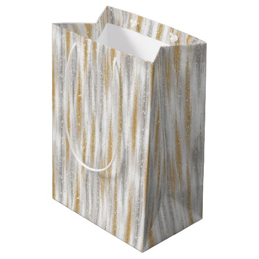 Silver Gold Glam Glitzy Stripes Christmas Medium Cadeauzakje (Achterkant Gekanteld)