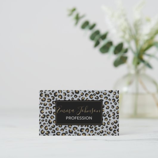 Silver Gold Glitter Black leopard Print Visitekaartje (Staand voorkant)