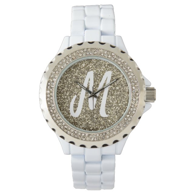 Silver Gold Glitter look Elegant Monogramed Horloge (Voorkant)