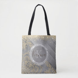 Silver Gold Glitter Lotus Mandala Monogram Tote Bag
