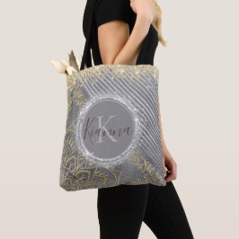 Silver Gold Glitter Lotus Mandala Monogram Tote Bag