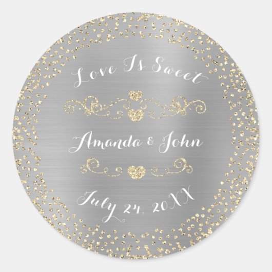 Silver Gold Glitter Save the Date Love is Sweet Ronde Sticker (Voorkant)