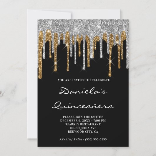 Silver Gold Glitter-schijven zwart Quinceañera Kaart (Voorkant)