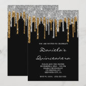 Silver Gold Glitter-schijven zwart Quinceañera Kaart (Voorkant / Achterkant)