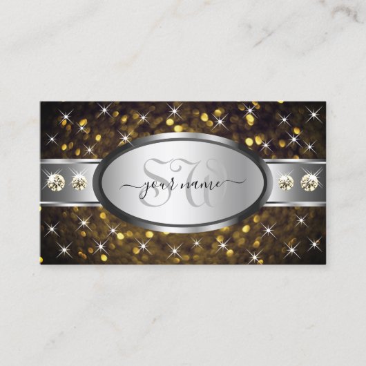 Silver Gold Glitter Sparkle Rhinestones Monogram Visitekaartje (Voorkant)