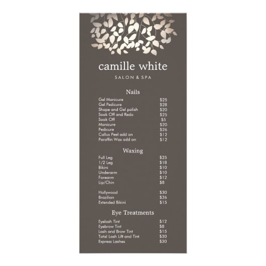 Silver Gold Leaves Beauty Salon-prijslijst Reclamekaart (Voorkant)