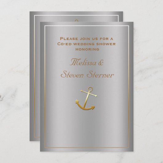 Silver Gold Nautical Anchor Shower-uitnodiging Kaart (Voorkant / Achterkant)