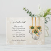 Silver Gold Ornaments Bows Holly Holiday Card Kaart (Staand voorkant)