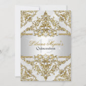 Silver & Gold Pearl Damask Quinceanera Invite Kaart (Voorkant)