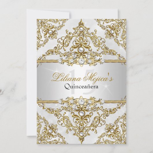 Silver & Gold Pearl Damask Quinceanera Invite Kaart (Voorkant)