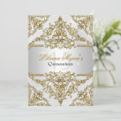 Silver & Gold Pearl Damask Quinceanera Invite Kaart (Staand voorkant)