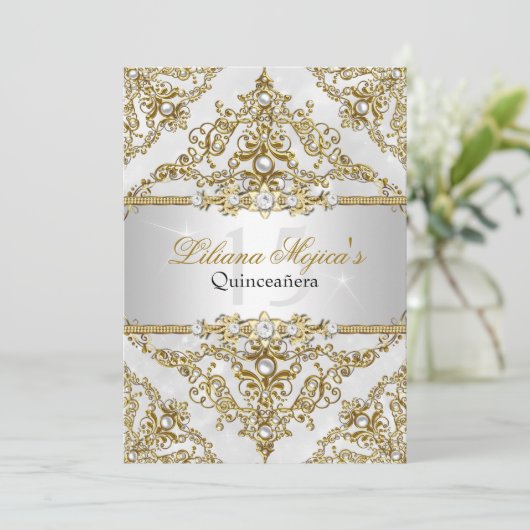 Silver & Gold Pearl Damask Quinceanera Invite Kaart (Staand voorkant)