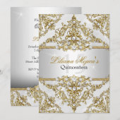 Silver & Gold Pearl Damask Quinceanera Invite Kaart (Voorkant / Achterkant)