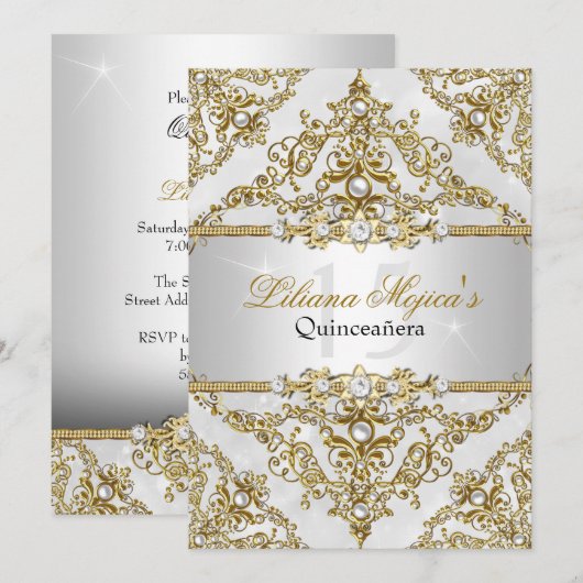 Silver & Gold Pearl Damask Quinceanera Invite Kaart (Voorkant / Achterkant)
