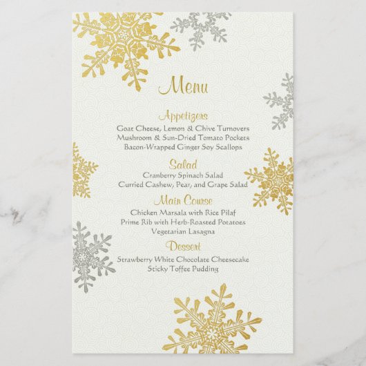 Silver Gold Pearl Snowflakes Winter Wedding Menu (Voorkant)