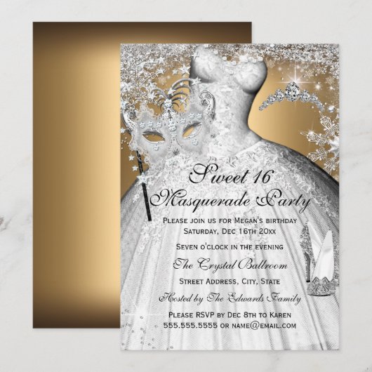Silver Gold Princess Masquerade Sweet 16 Invite Kaart (Voorkant / Achterkant)