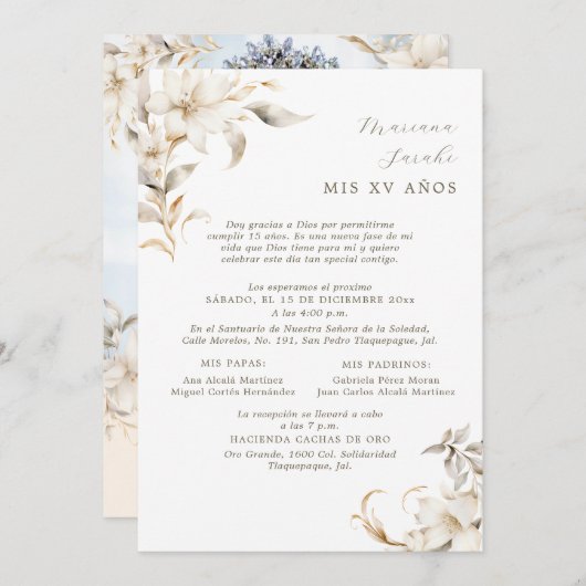 Silver & Gold Quinceañera Uitnodiging in het Spaan (Voorkant / Achterkant)