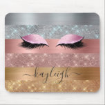 Silver Gold Roos Gold Glitter Beauty Eyelash Muismat<br><div class="desc">Glitter-achtige, glam-, faux-zilver-, goud- en roos-gouden kleur, mousepad. Dit ontwerp is voorzien van faux sparkle glitter strepen en geborsteld metaal in zilver, goud en wazige roze roze goudkleurige glitter, wimpers, naam of sjabloon van monogram tekst. De naam wordt geschreven met een mooi handgeschreven stijlmanuscript met letters. Neem contact met me...</div>