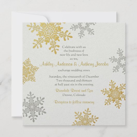 Silver Gold Snowflake Square Winter Weddenschap Kaart (Voorkant)