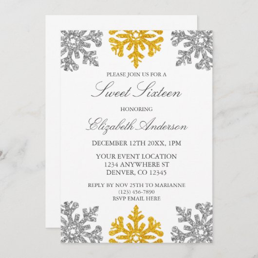 Silver Gold Snowflake Winter Sweet 16 Kaart (Voorkant / Achterkant)