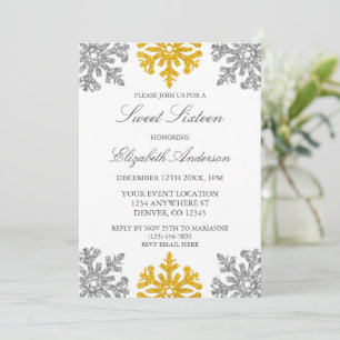 Silver Gold Snowflake Winter Sweet 16 Kaart