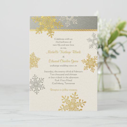 Silver Gold Snowflake Winter Weddenschap Kaart (Staand voorkant)
