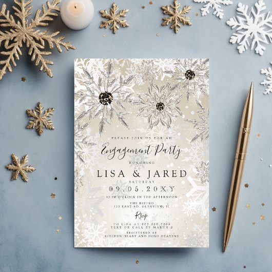 Silver Gold Snowflakes Winter Engagement Party Kaart