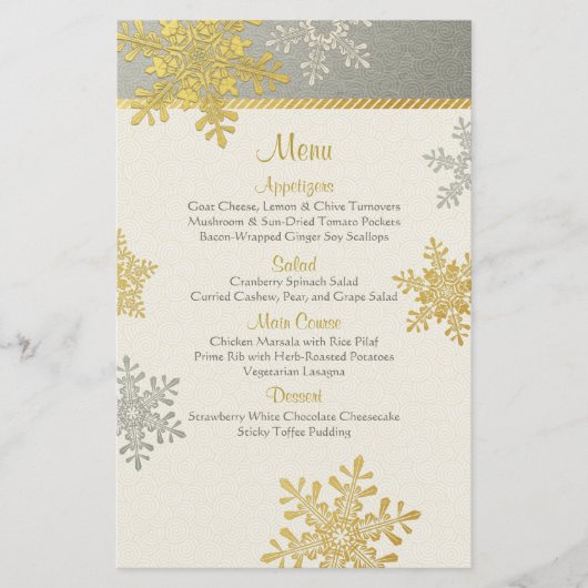 Silver Gold Snowflakes Winter Wedding Menu Kaart (Voorkant)