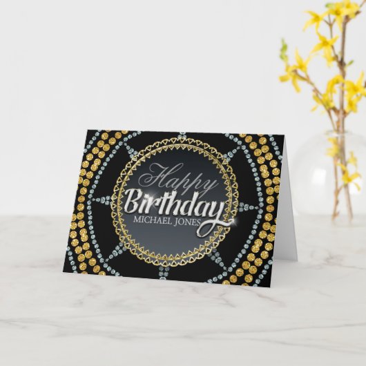 Silver Gold Sparkle Star Verjaardagskaart Kaart (Gele Bloem)