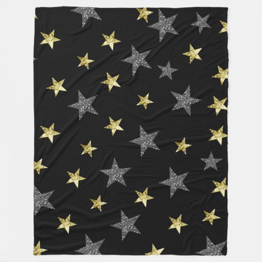 Silver & Gold Stars Black Hollywood Star Glam Fleece Deken (Voorkant)