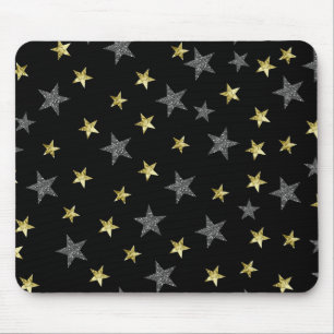 Silver & Gold Stars Black Hollywood Star Glam Muismat
