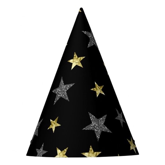 Silver & Gold Stars Black Hollywood Star Party Feesthoedjes (Voorkant)