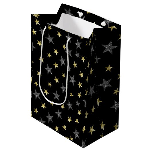 Silver & Gold Stars Black Hollywood Star Party Medium Cadeauzakje (Voorkant Gekanteld)