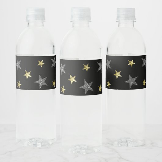 Silver & Gold Stars Black Hollywood Star Party Waterfles Etiket (Flessen)