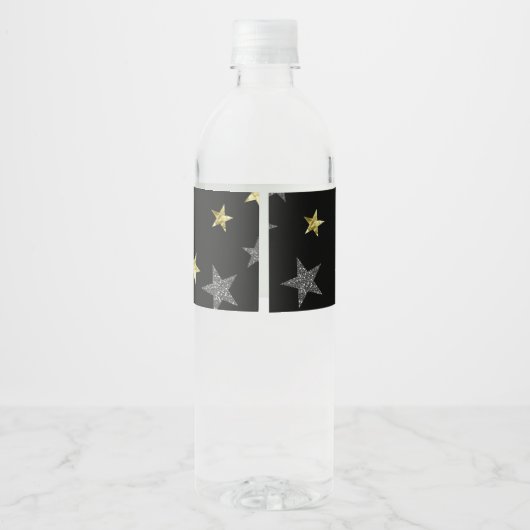 Silver & Gold Stars Black Hollywood Star Party Waterfles Etiket (Achterkant)