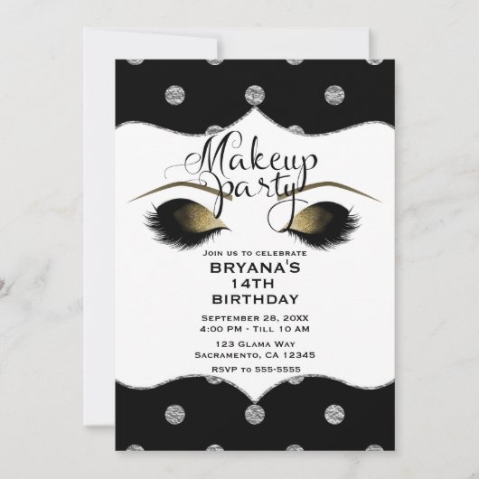 Silver & Gold Stippen Make-up Wimpers Beauty Party Kaart (Voorkant)