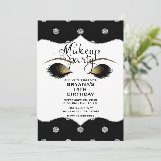 Silver & Gold Stippen Make-up Wimpers Beauty Party Kaart (Staand voorkant)