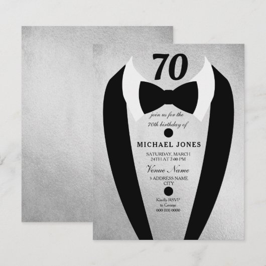 Silver Gold Tuxedo Mannen 70e verjaardag Uitnodigi Kaart (Voorkant / Achterkant)