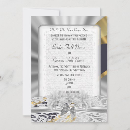 Silver Gold White lace monogram bruiloft Kaart (Voorkant)
